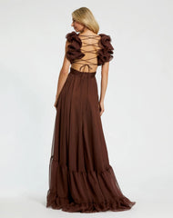 Brown Ruffle Tiered Cut-Out Chiffon Gown