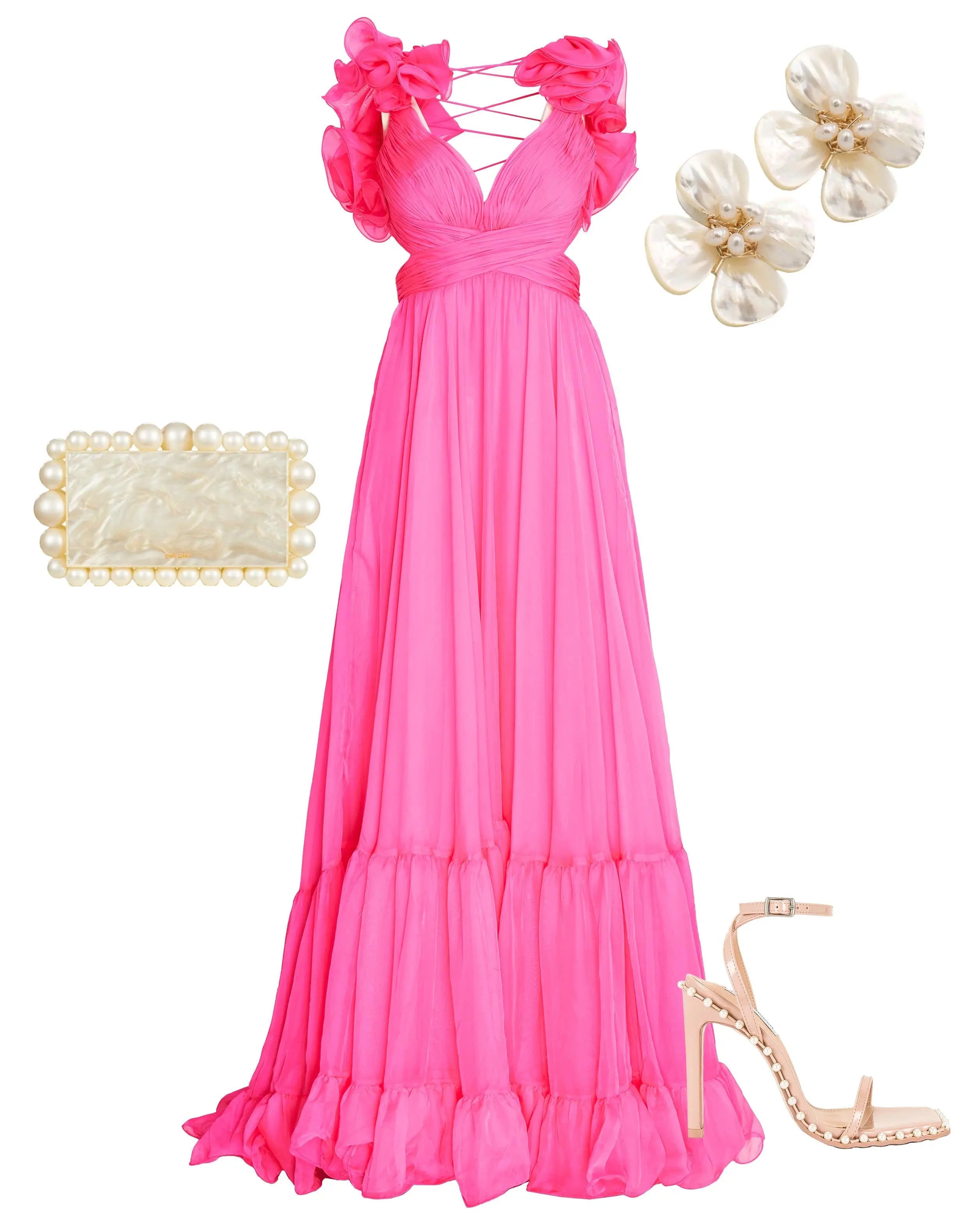Dark Pink Ruffle Tiered Cut-Out Chiffon Gown
