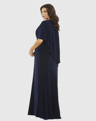 Navy Jersey Cape Sleeve A Line Gown (Plus)