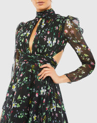 Black Floral High Neck Puff Sleeve Gown
