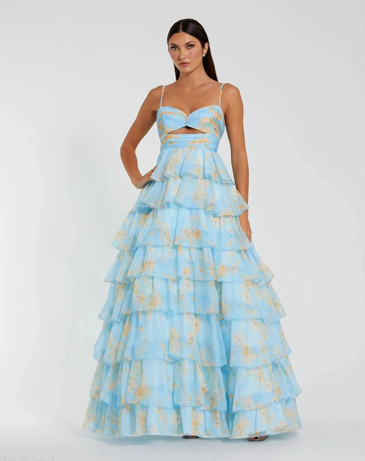 Blue Floral Cut Out Ruffle Tiered Gown