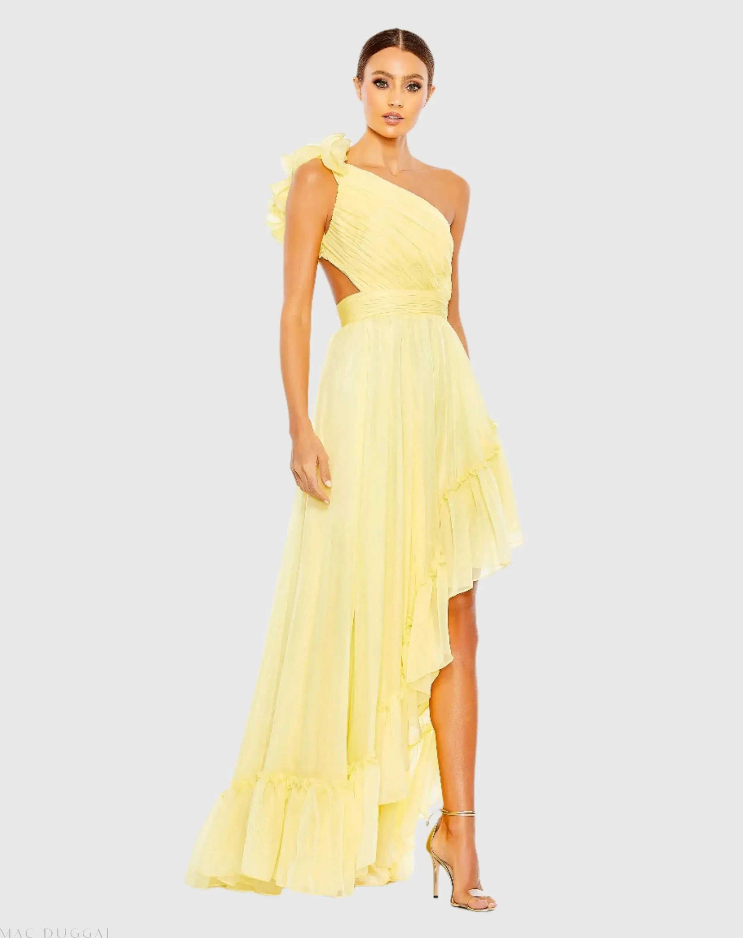 Ruffled One Shoulder Asymmetrical Gown