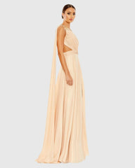 Beige One Shoulder Open Back Flowy Gown