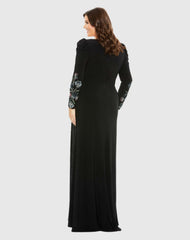 Black Embellished Long Sleeve Faux Wrap Gown (Plus)