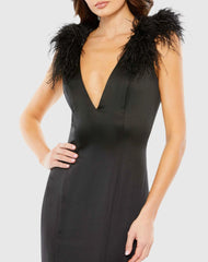 Black Feather Shoulder V-Neck Gown