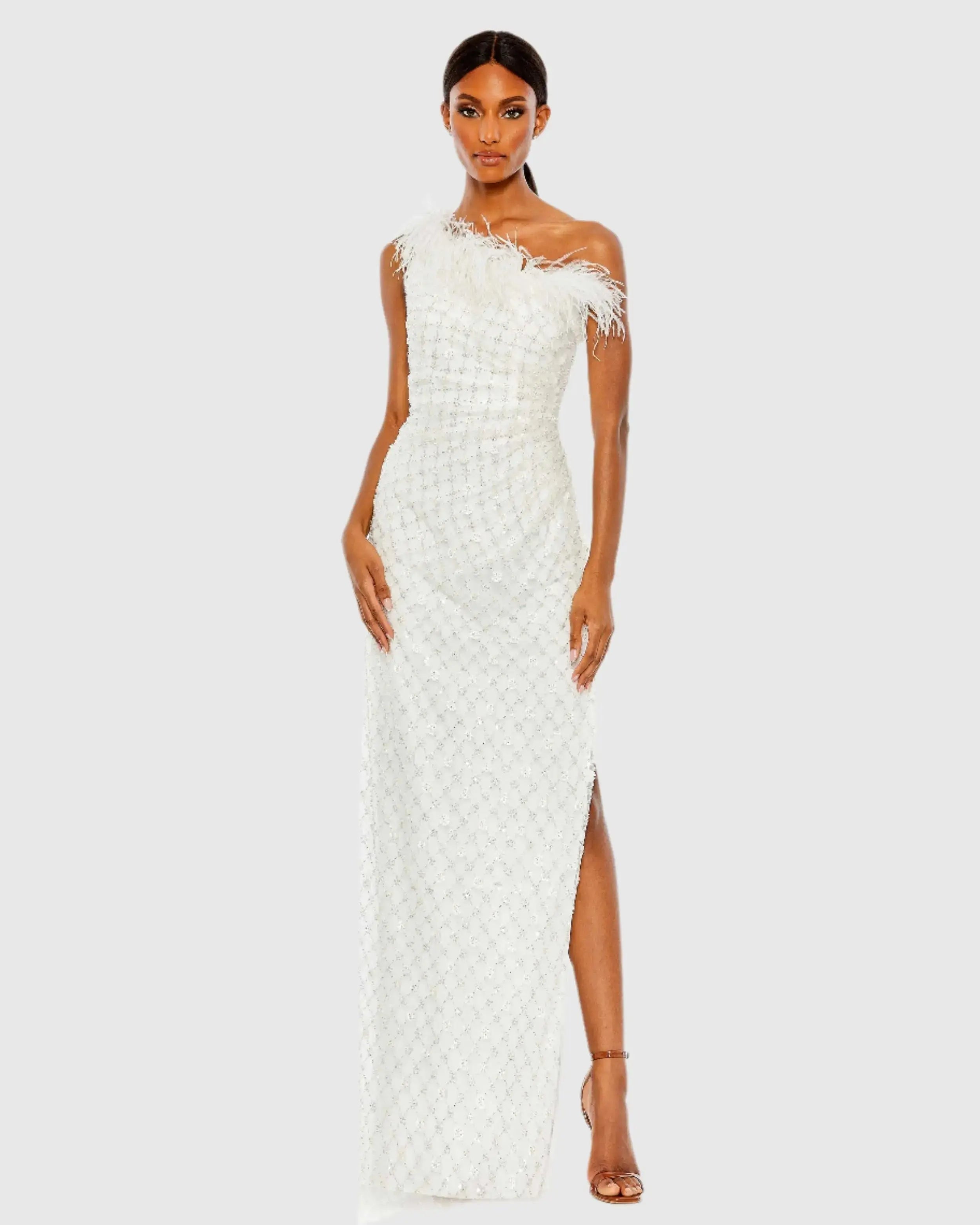 Embellished One Shoulder Gown w/ Ostrich Feathers