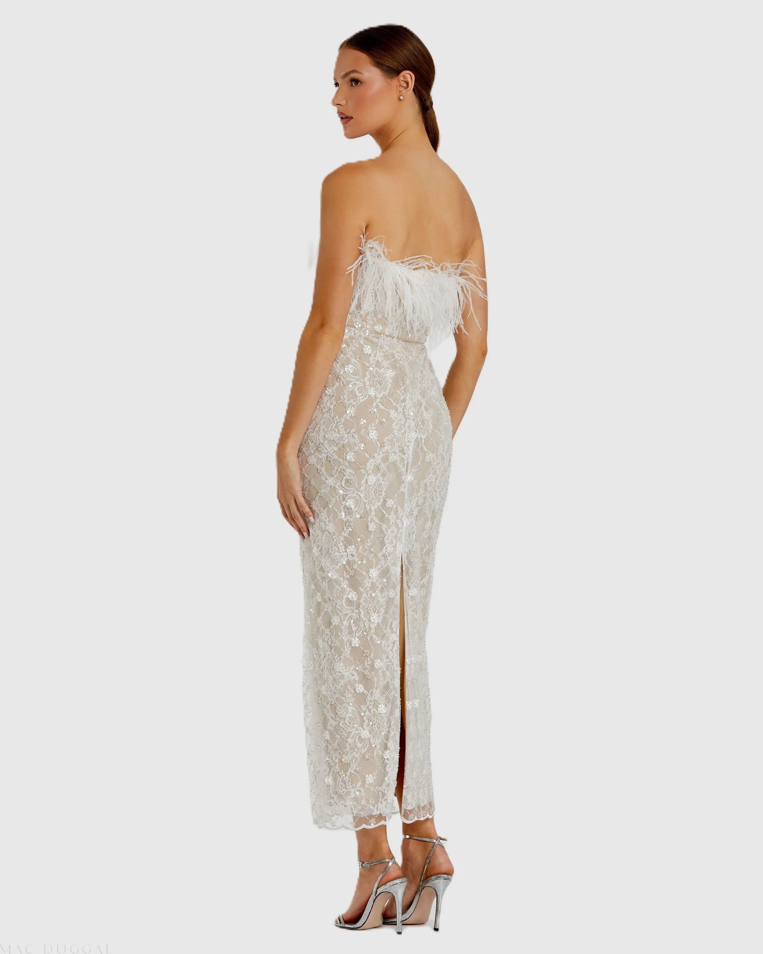 White and Beige Embellished Feather Strapless Column Dress