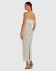 White and Beige Embellished Feather Strapless Column Dress