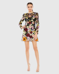 Black Floral Embroidered Long Sleeve Mini Dress