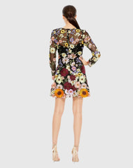 Black Floral Embroidered Long Sleeve Mini Dress