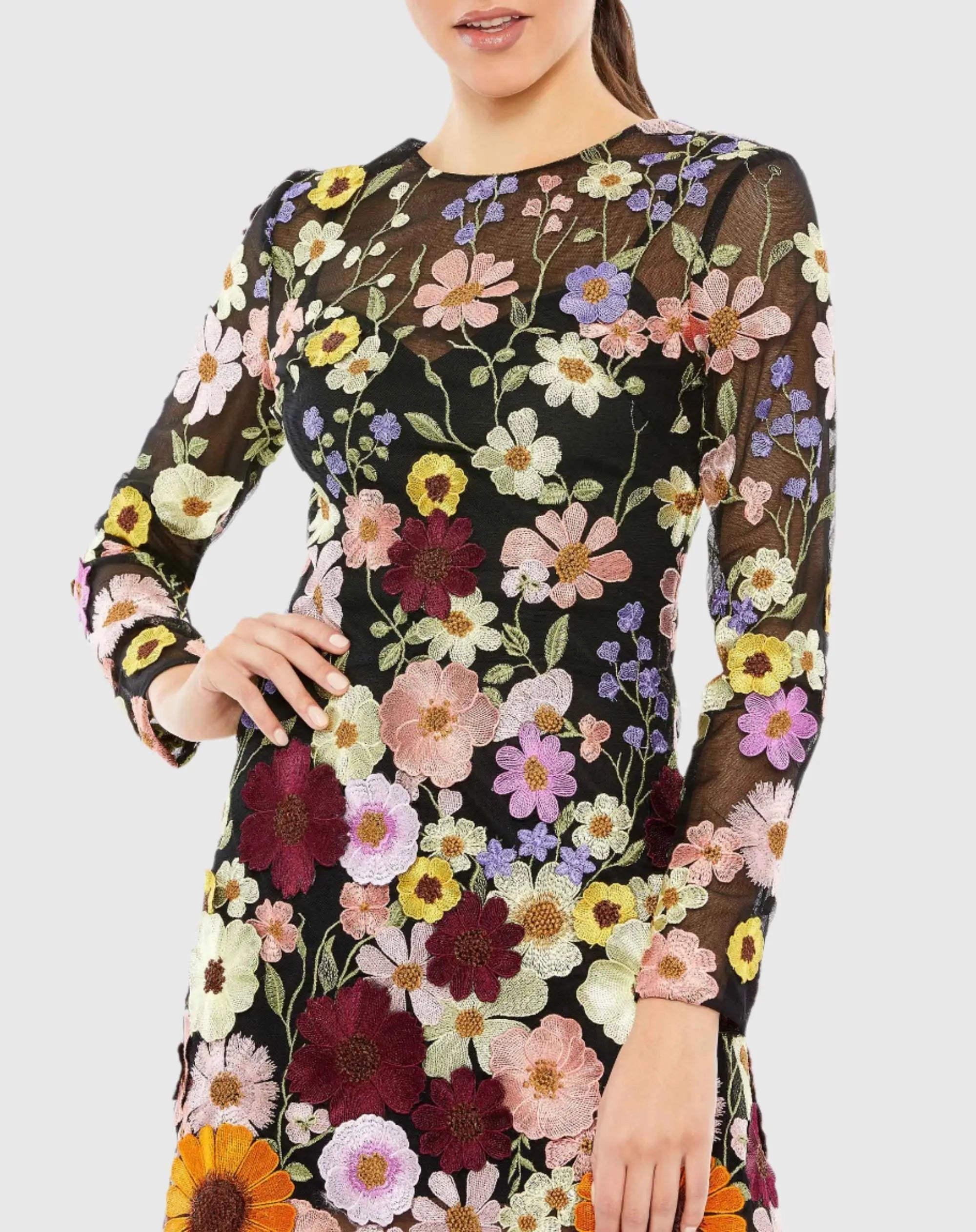 Black Floral Embroidered Long Sleeve Mini Dress