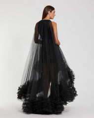 Black Tulle High Neck Sleeveless Ruffled Hem Hi-Low Gown