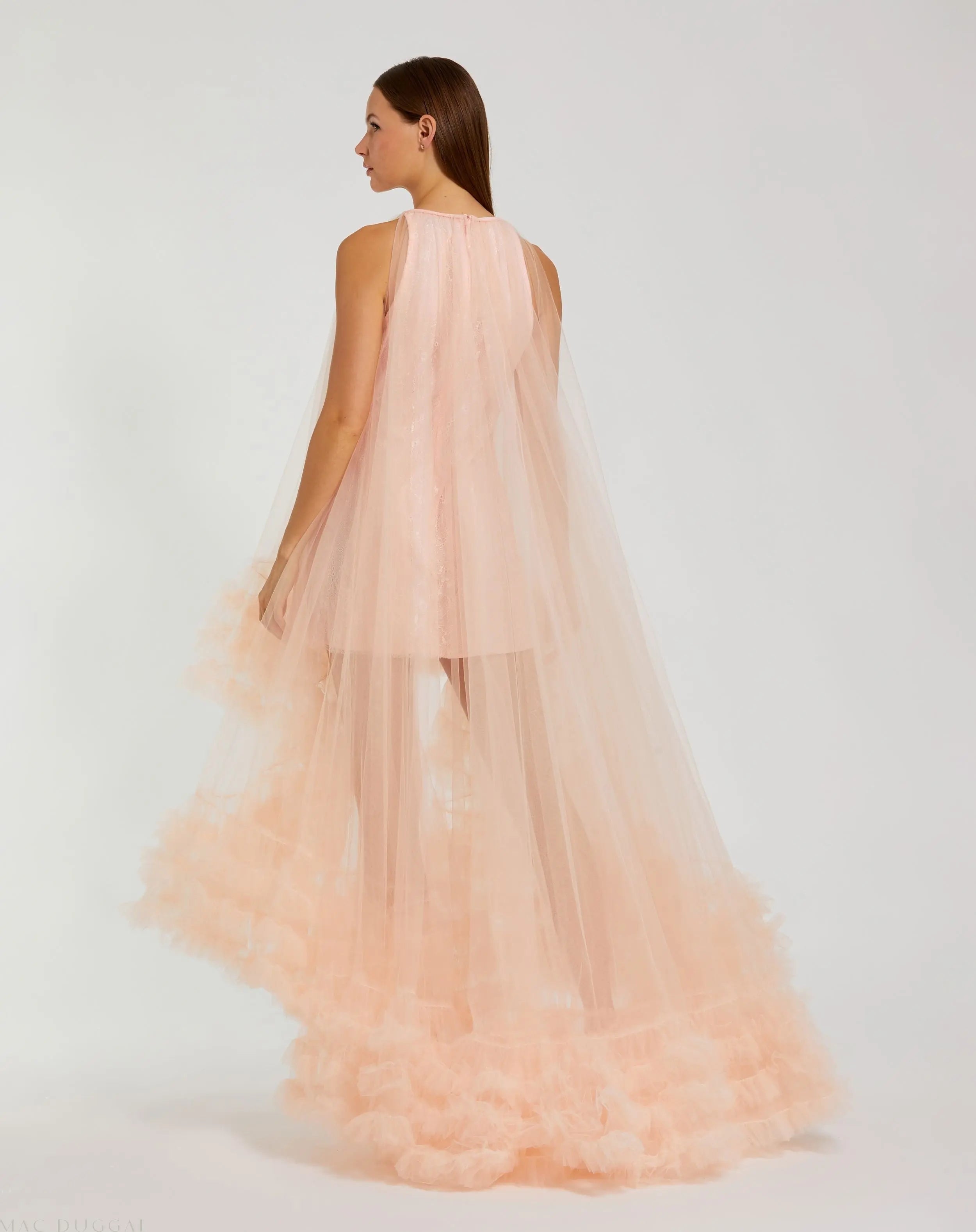 Light Pink Tulle High Neck Sleeveless Ruffled Hem Hi-Low Gown