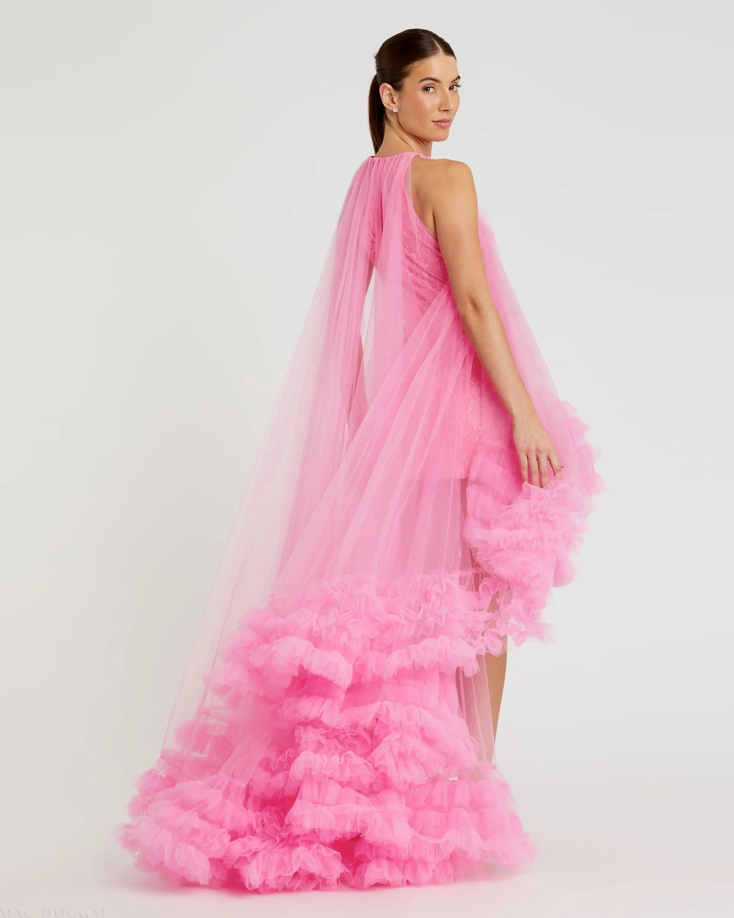 Pink Tulle High Neck Sleeveless Ruffled Hem Hi-Low Gown