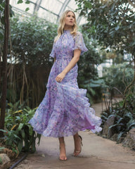 Purple Floral Print High Neck Raglan Sleeve Dress