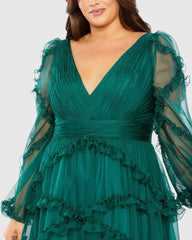 Green V Neck Ruffle Tiered Puff Sleeve Gown (Plus)