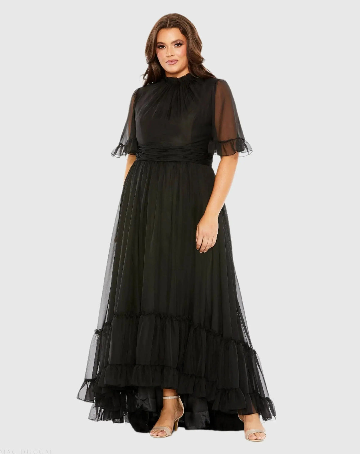Black Ruffle Tiered High Low Flutter Sleeve Gown (Plus)