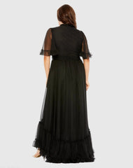 Black Ruffle Tiered High Low Flutter Sleeve Gown (Plus)
