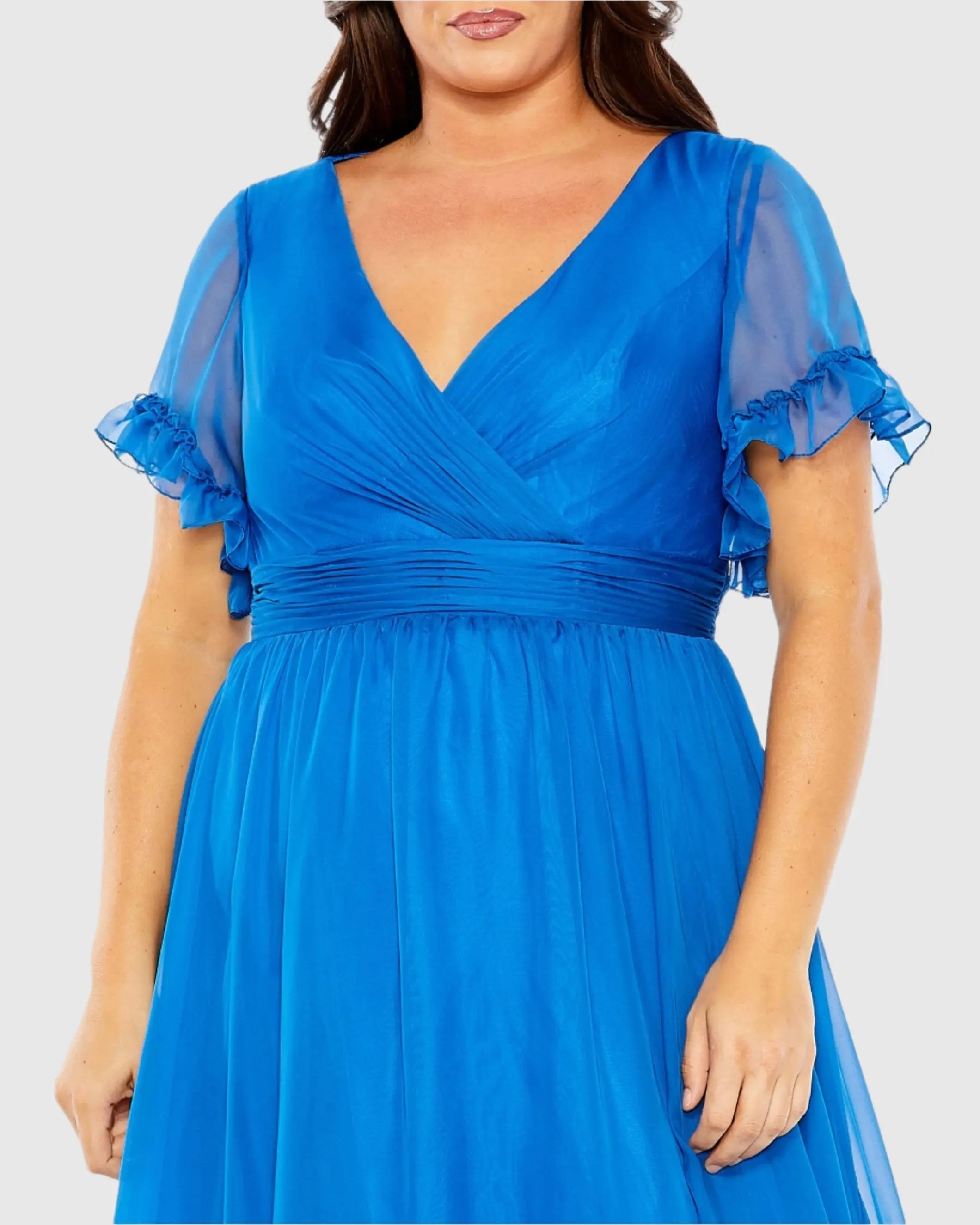Blue Chiffon Flutter Sleeve A-line Plus Size Dress