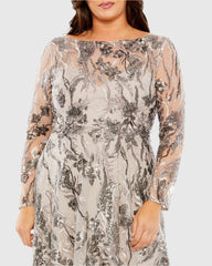 Beige Embroidered Long Sleeve A Line Gown