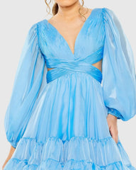 Blue Chiffon Cut Out Long Sleeve Mini Dress