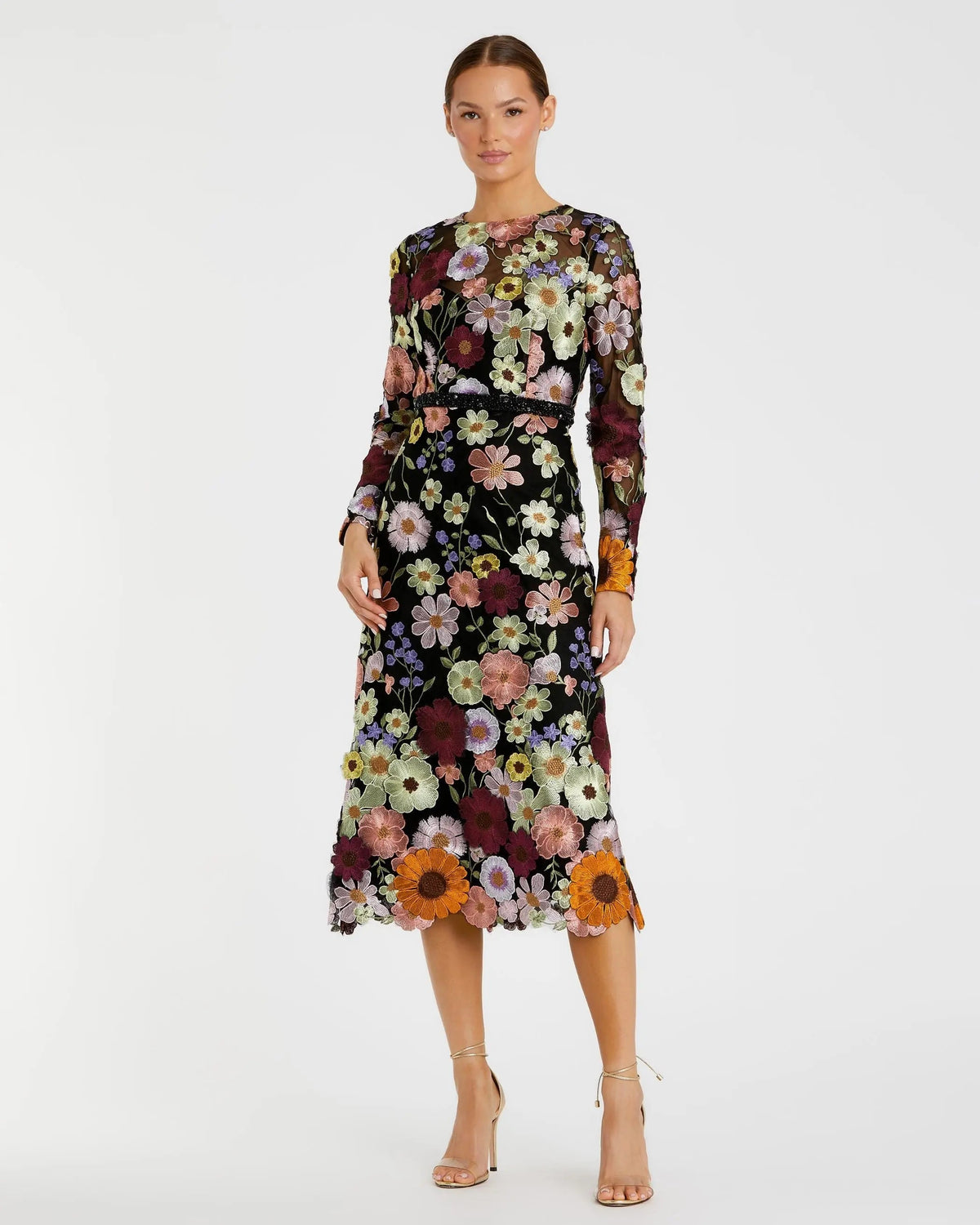Multicolor Floral Embroidered A-Line Midi Dress