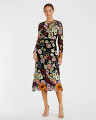 Multicolor Floral Embroidered A-Line Midi Dress