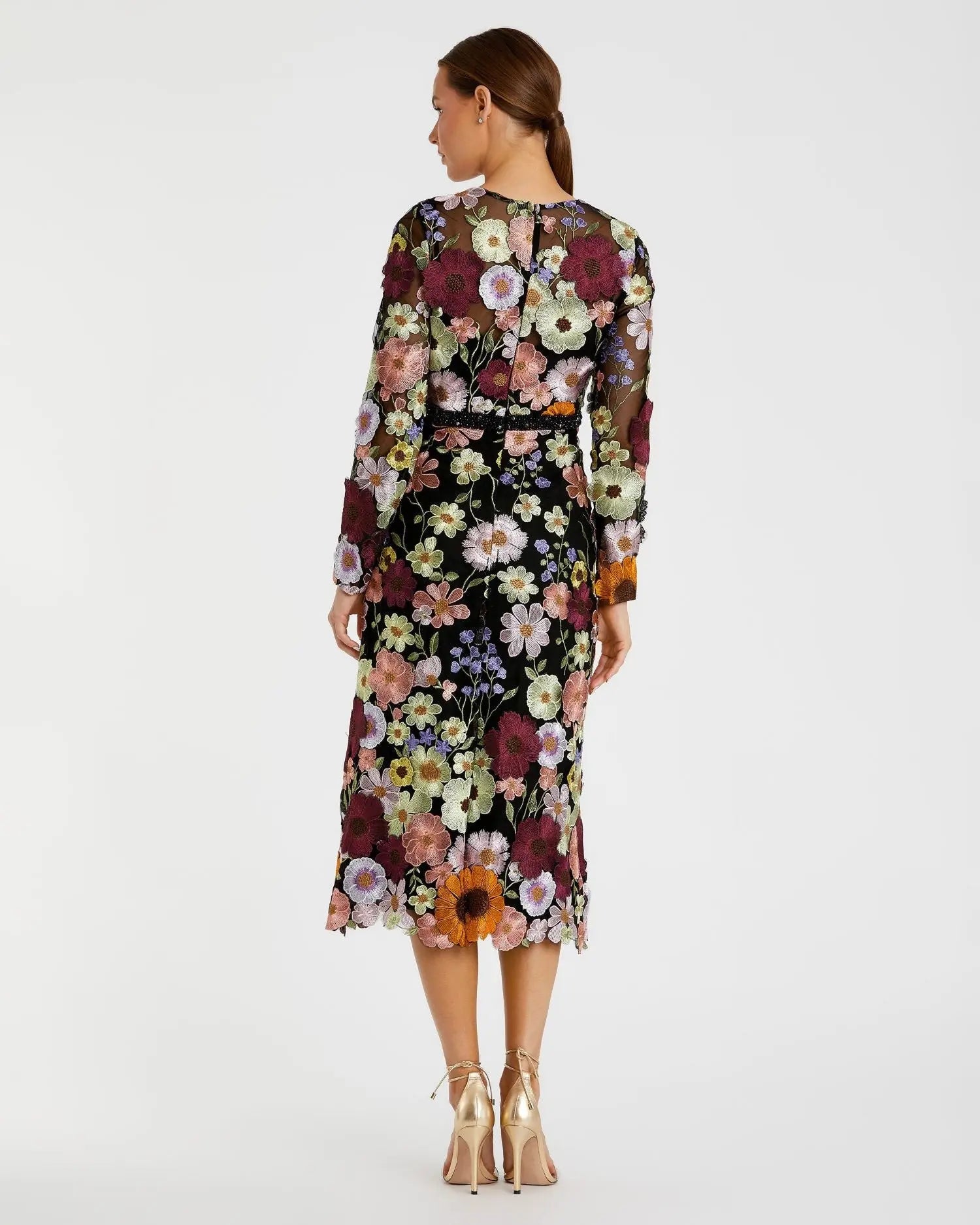 Multicolor Floral Embroidered A-Line Midi Dress