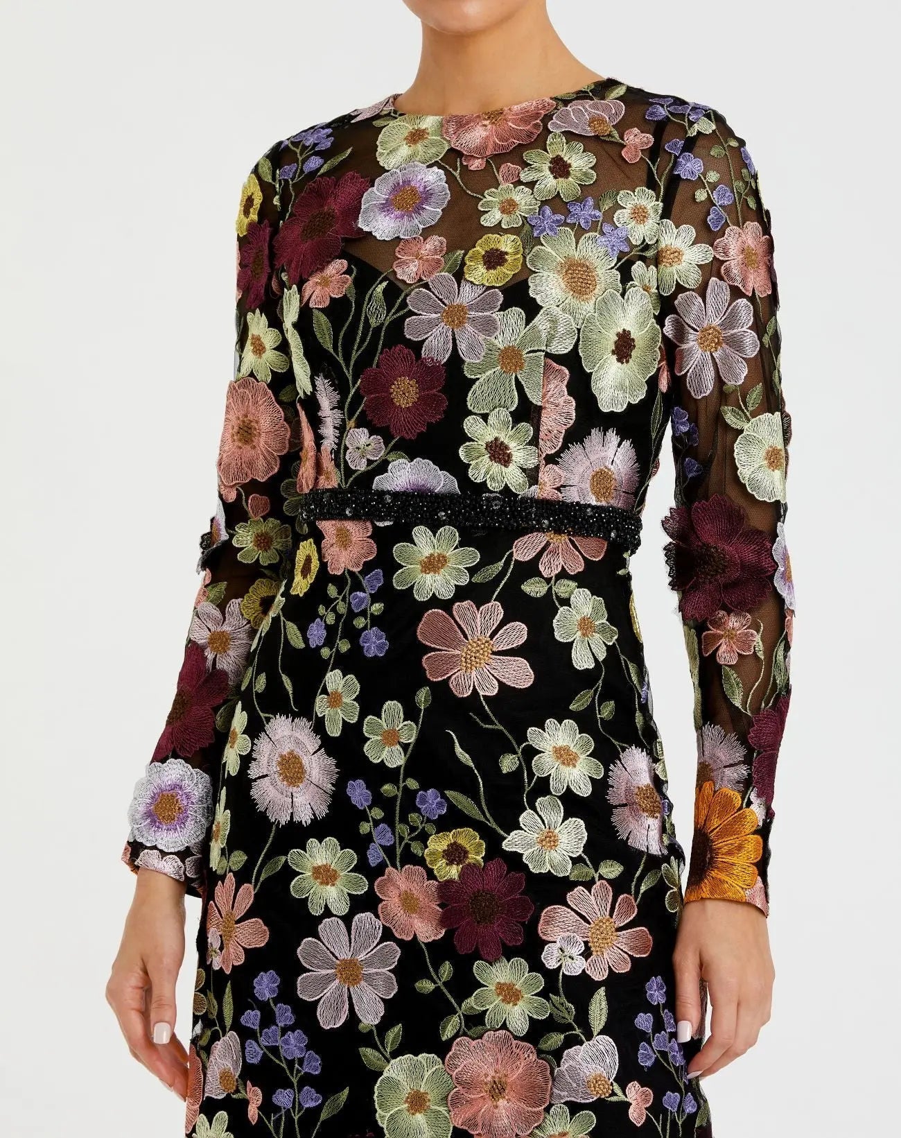 Multicolor Floral Embroidered A-Line Midi Dress