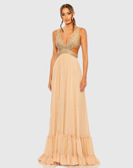 Beige Lace Up Rhinestone Embellished Cut Out Gown