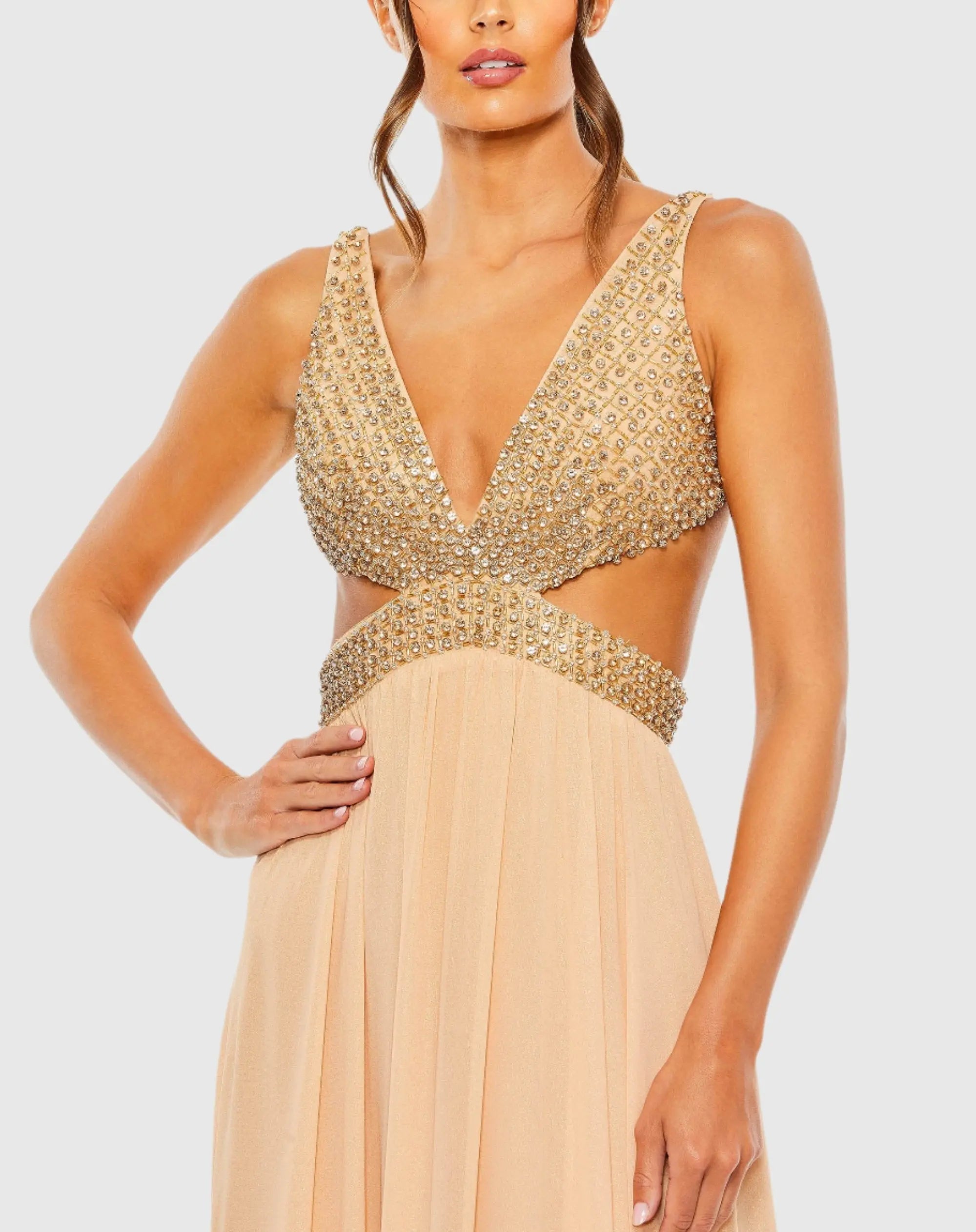 Beige Lace Up Rhinestone Embellished Cut Out Gown
