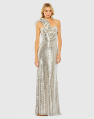 Silver Sequin Ruffled One Shoulder Gown