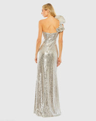 Silver Sequin Ruffled One Shoulder Gown