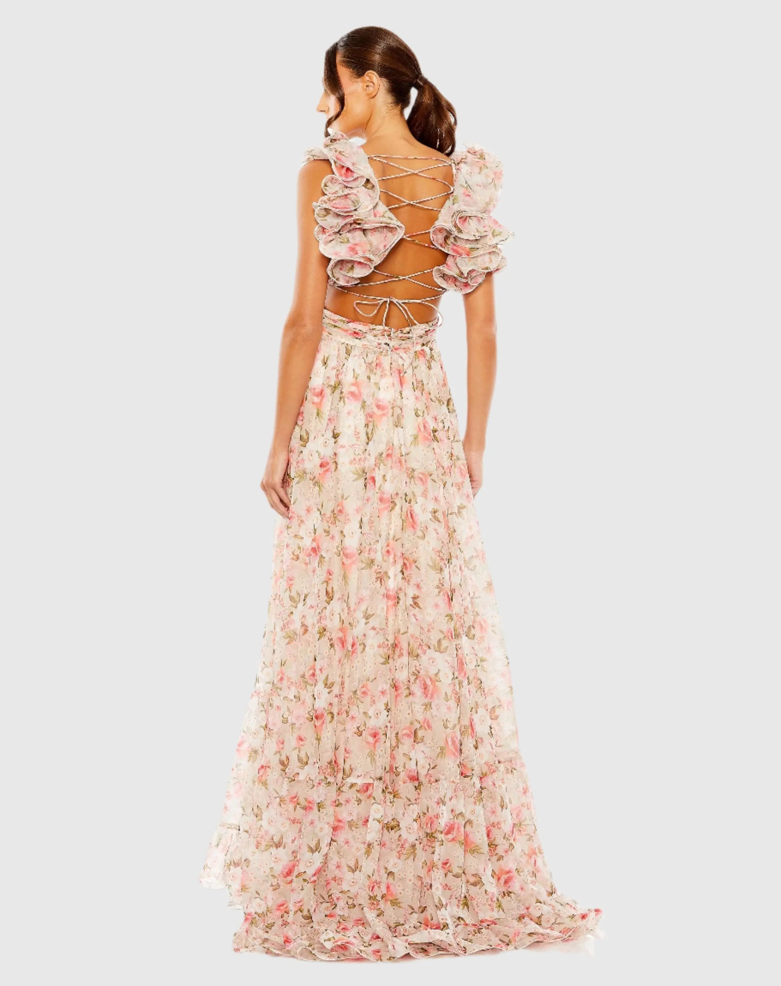 Pink Ruffle Tiered Cut-Out Chiffon Floral Gown