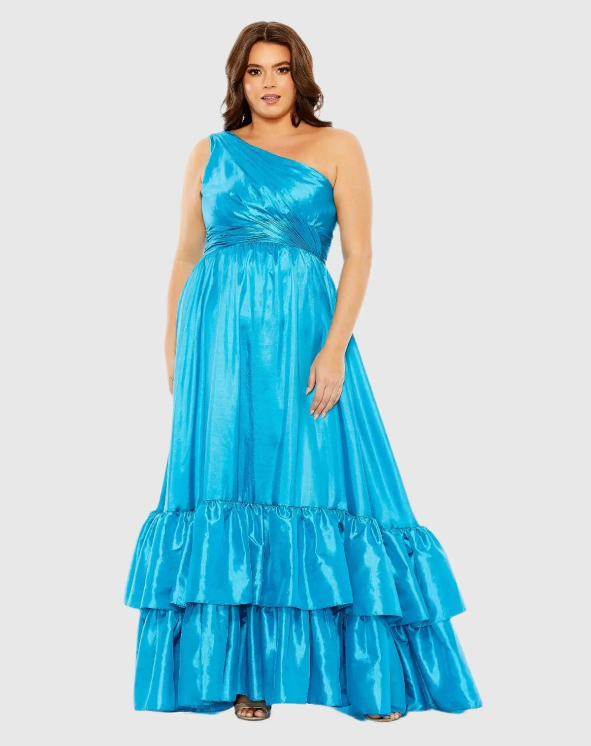 Blue One-Shoulder Tiered Ruffle Hem Evening Gown