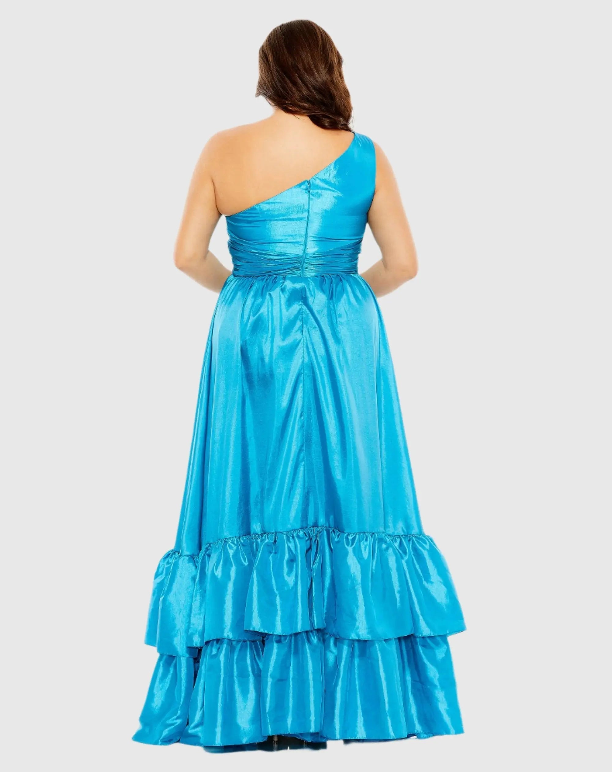 Blue One-Shoulder Tiered Ruffle Hem Evening Gown