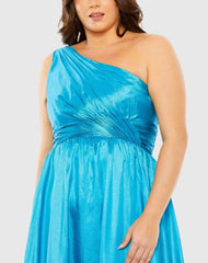 Blue One-Shoulder Tiered Ruffle Hem Evening Gown