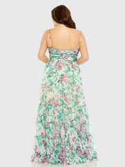 Green Floral Printed Tiered Ruched Gown