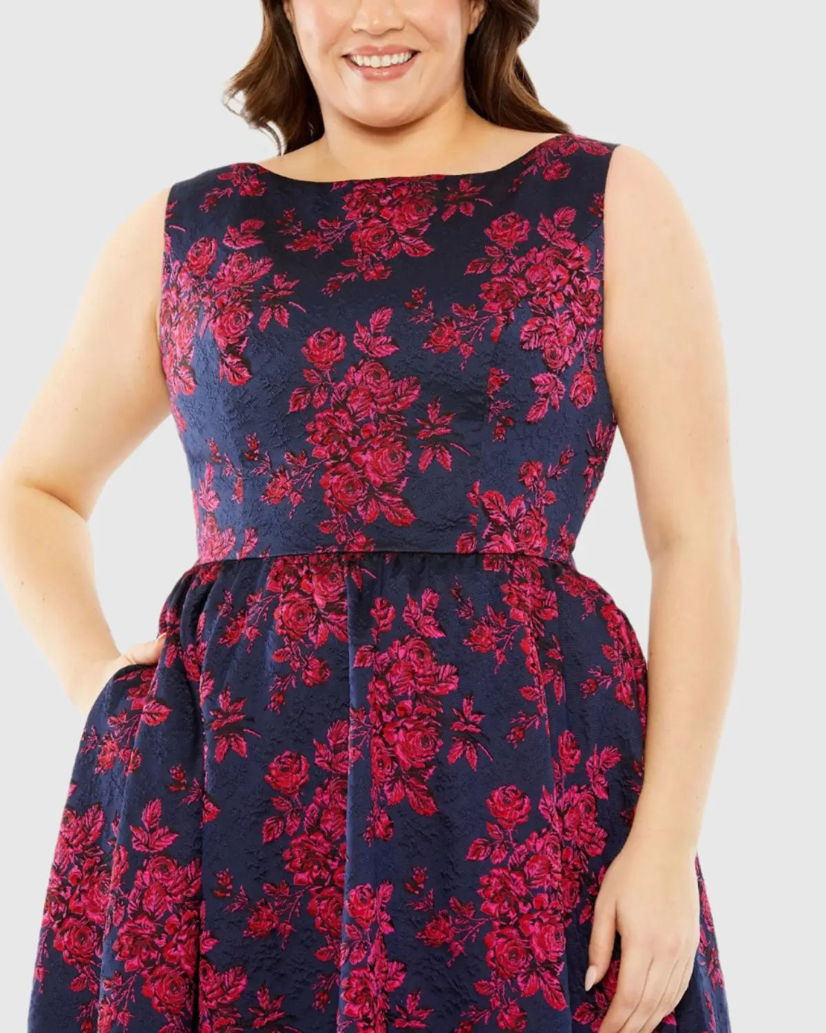 Navy Sleeveless Floral Embroidered Dress
