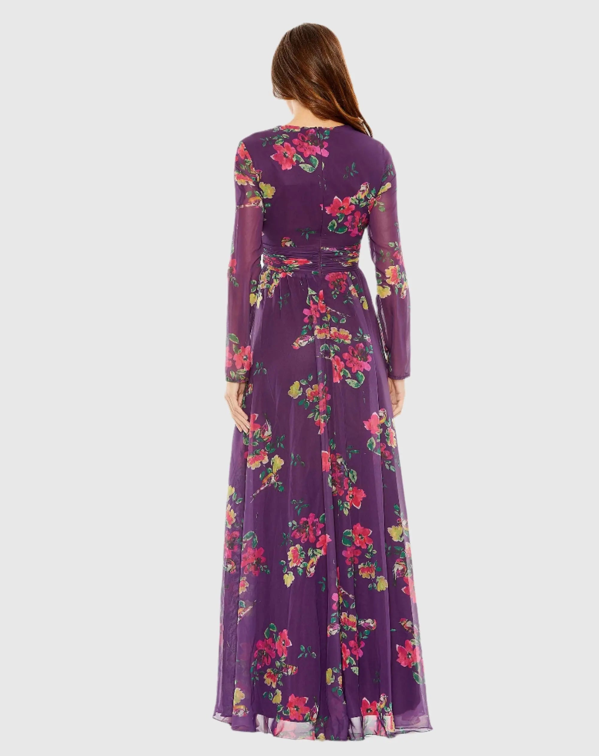 Purple Long Sleeve Ruched Top Deep V-Neckline Gown