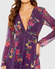 Purple Long Sleeve Ruched Top Deep V-Neckline Gown
