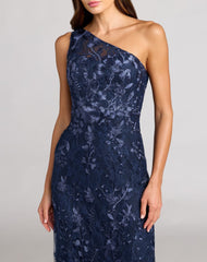 Navy One Shoulder Floral Embroidered Gown