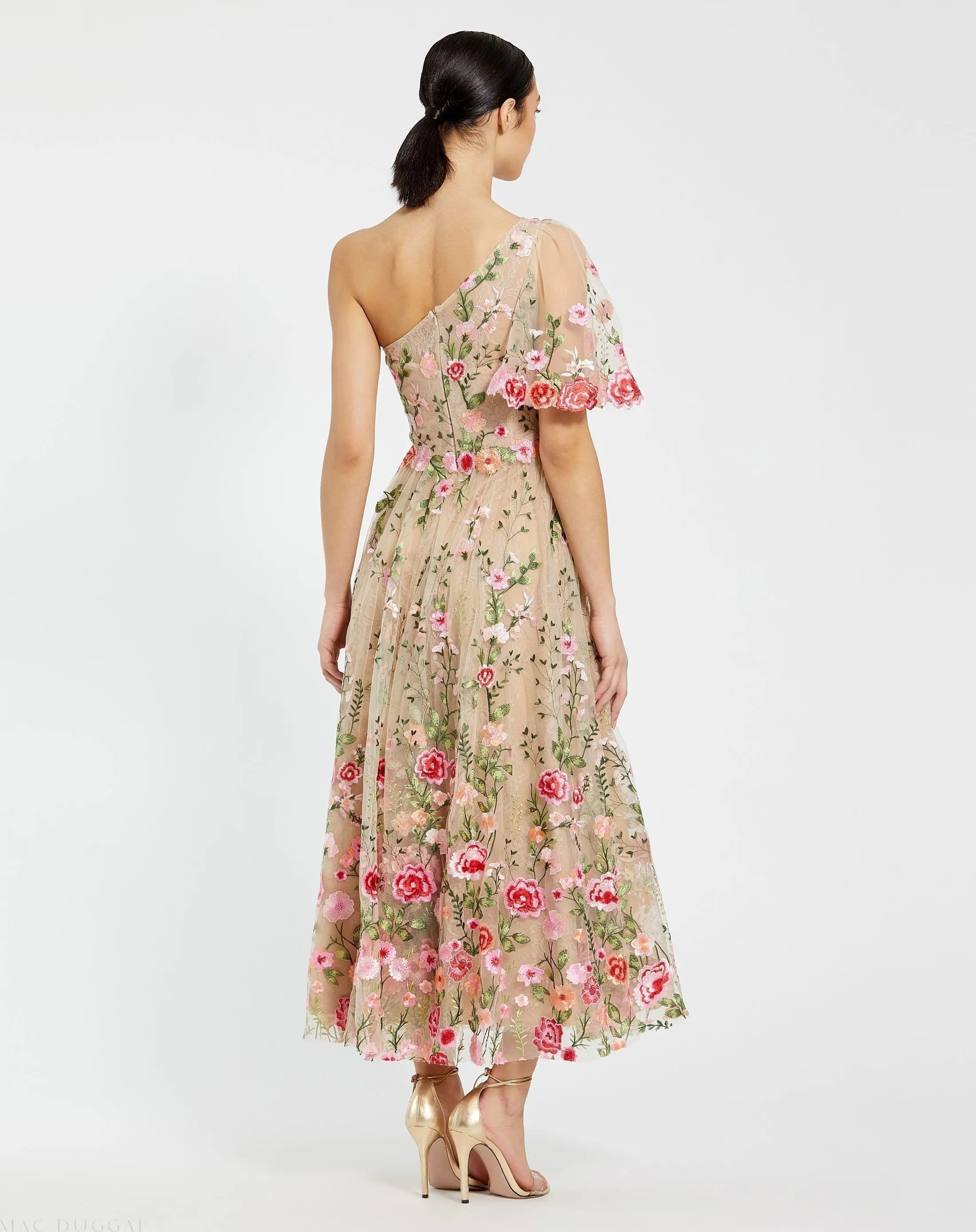 Pink One Shoulder Lace Embroidered Dress