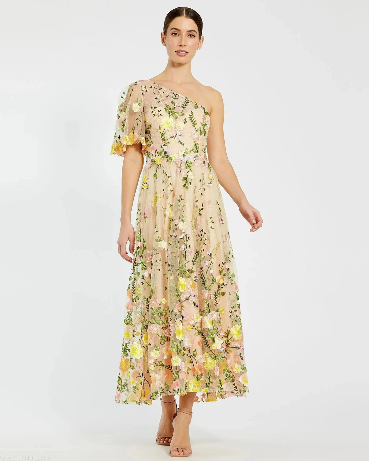 Yellow One Shoulder Lace Embroidered Dress