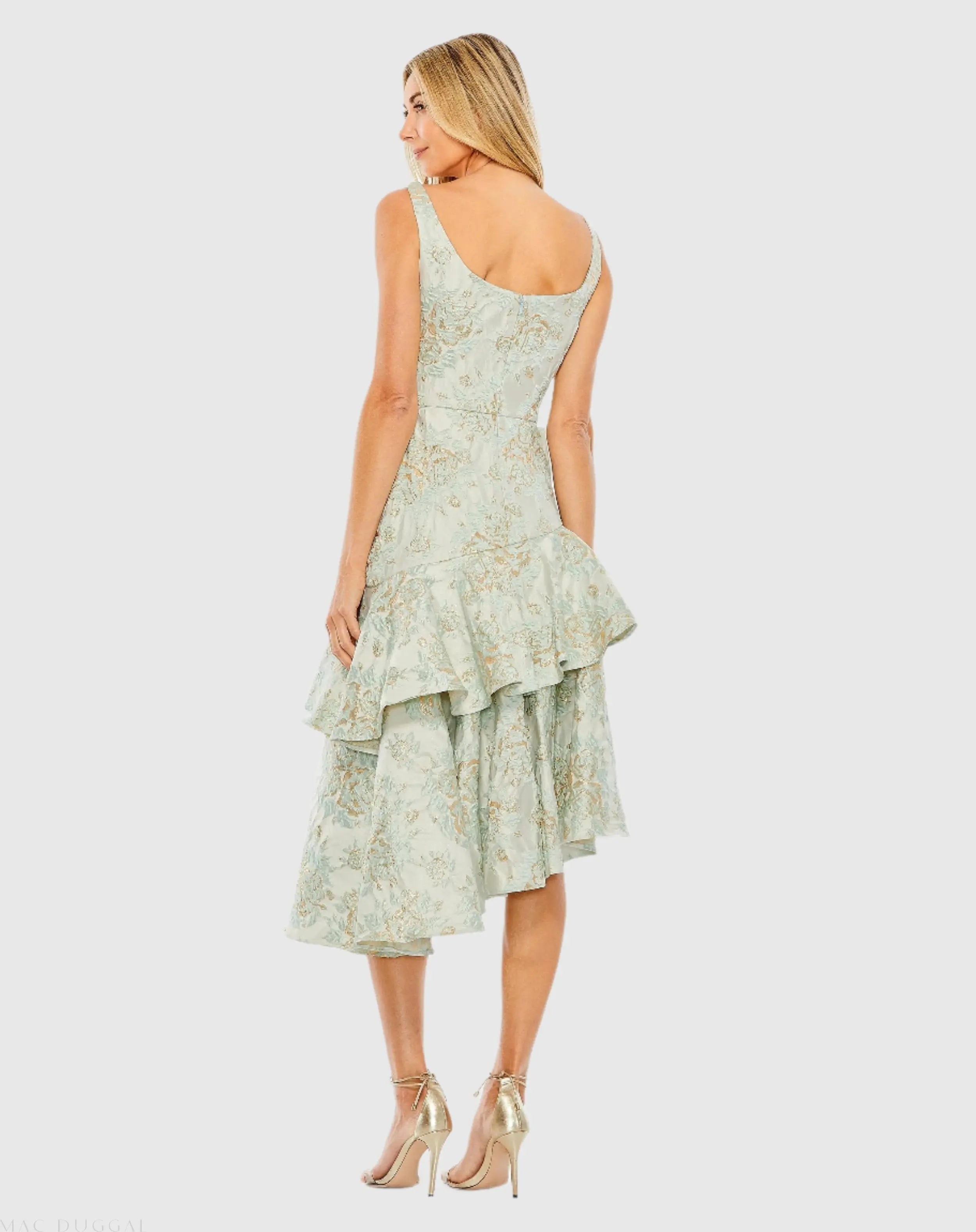 Green Floral Brocade Asymmetrical Hem Dress with Rosette