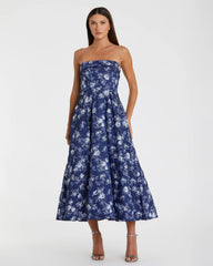 Blue Strapless Brocade Midi Dress