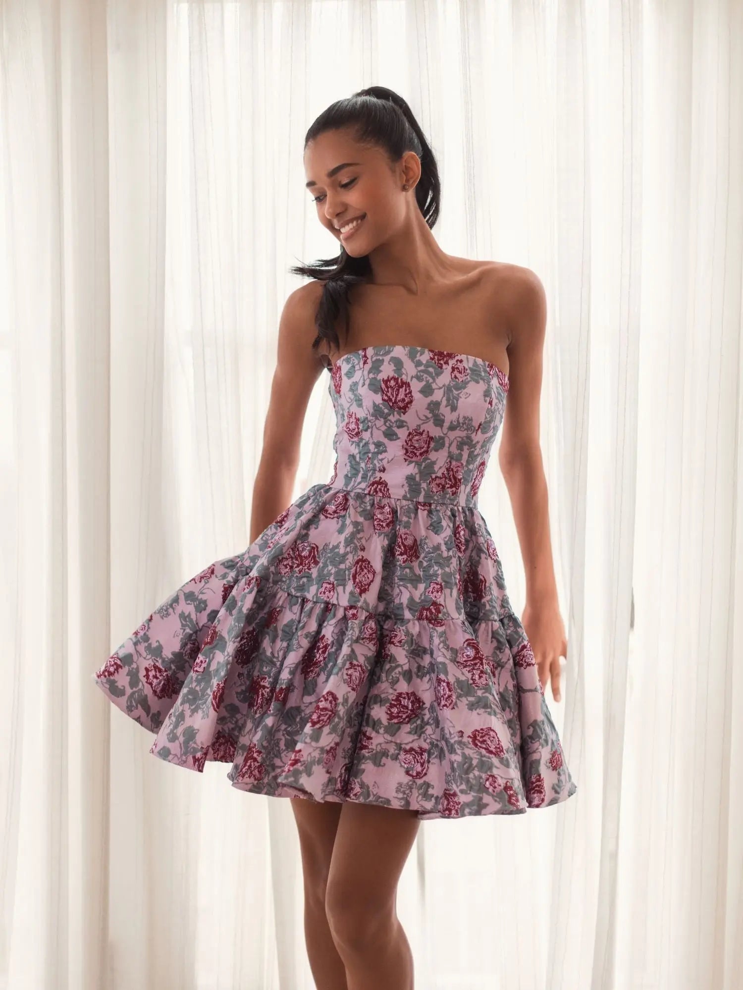 Pink Strapless Brocade Mini Dress