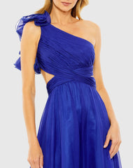 Blue One Shoulder Ruffle Tiered Cut-Out Chiffon Gown