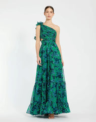 Green One Shoulder Ruffle Tiered Cut-Out Chiffon Gown