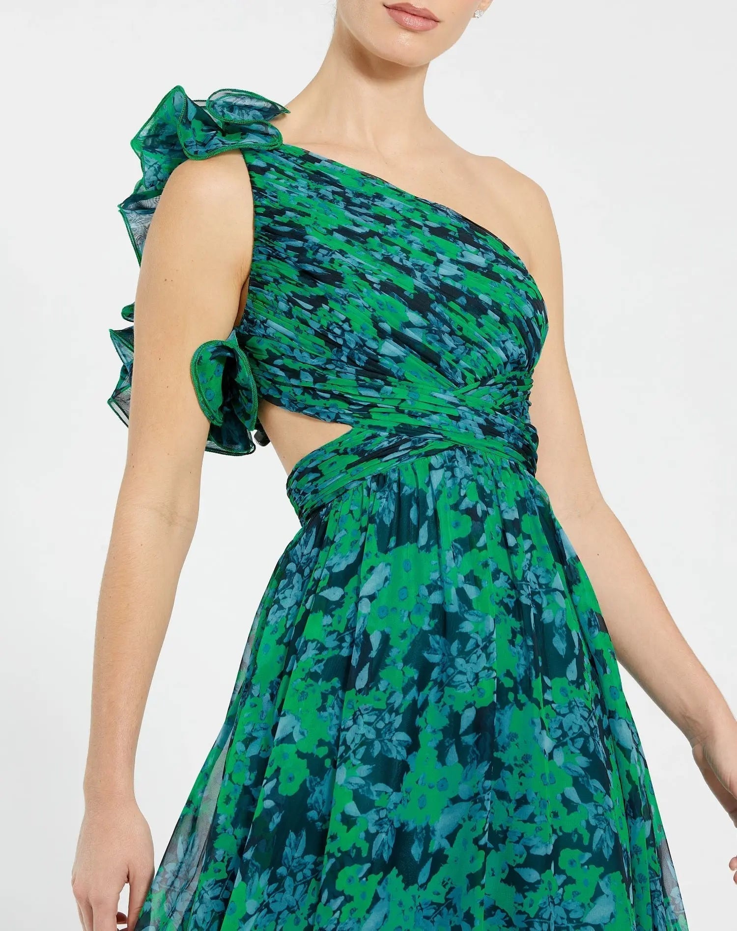 Green One Shoulder Ruffle Tiered Cut-Out Chiffon Gown